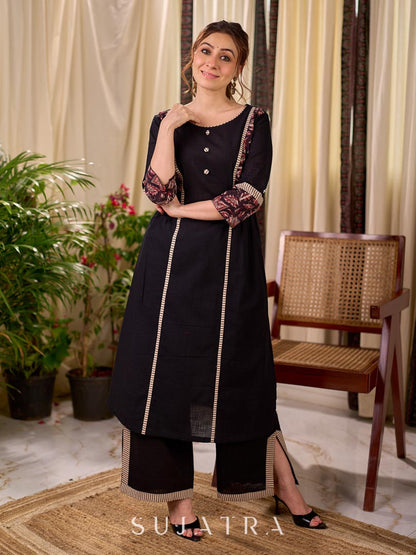 Bold Black Cotton Kurta with Contrast Floral Sleeve Cuffs and Stripe Border Detail