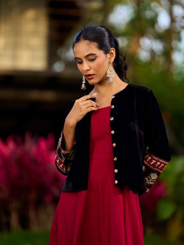Black Velvet Jacket With Maroon Printed Border Detailing