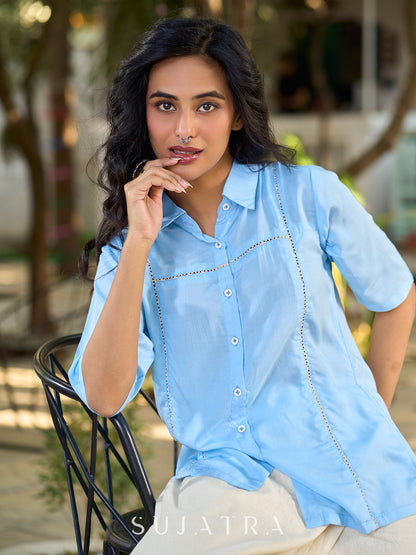 Powder Blue Modal Shirt Accented With Subtle Lace Details