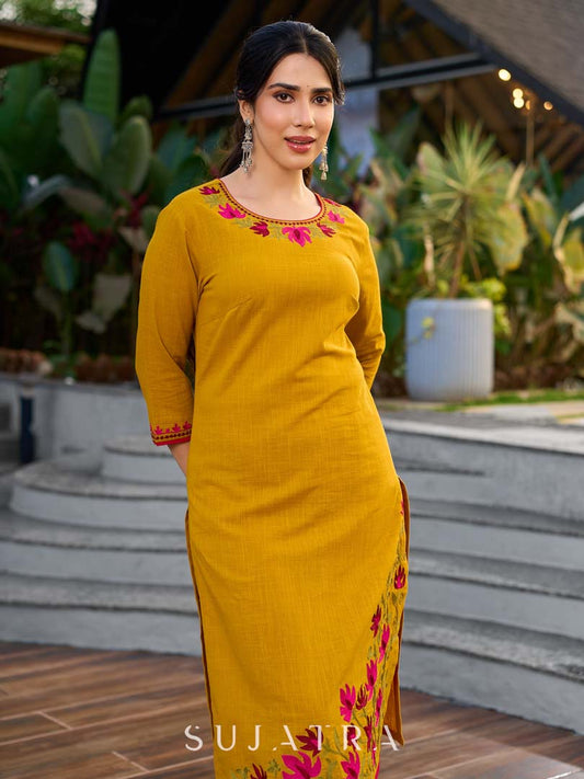 Classic Mustard Cotton Kurta with Delicate Kashida Embroidery & Contrast Pink Accents