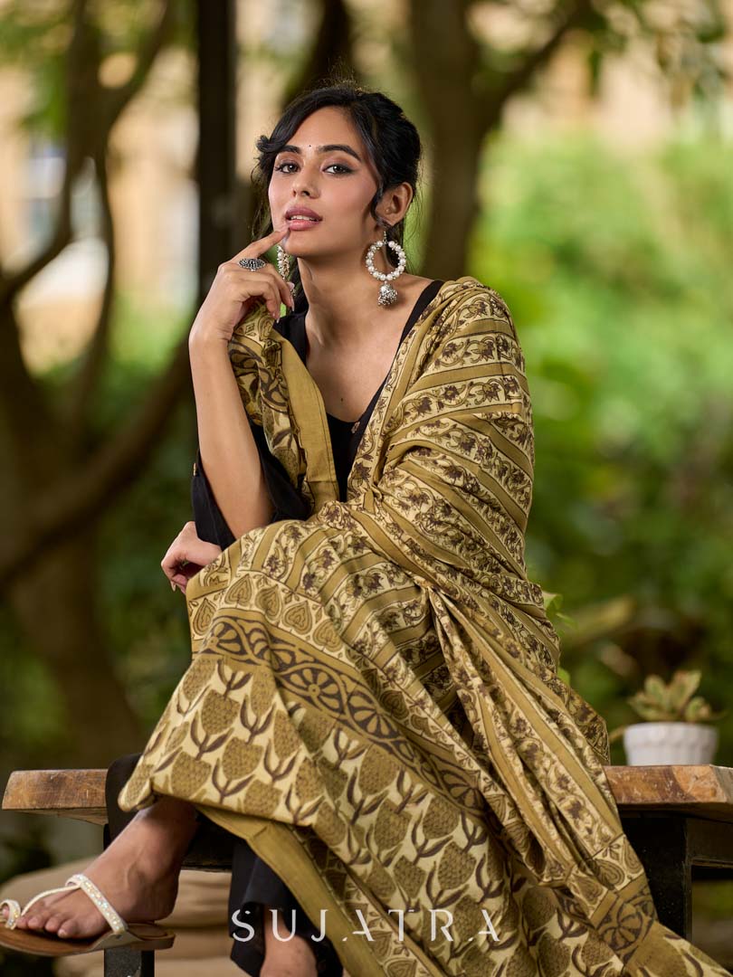 Earthy Olive Mul Cotton Dupatta with Traditional Prints
