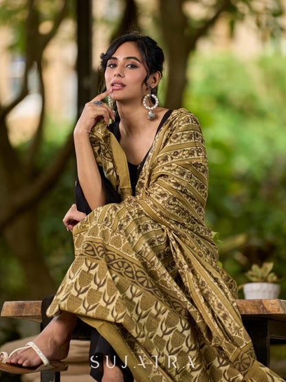 Earthy Olive Mul Cotton Dupatta with Traditional Prints