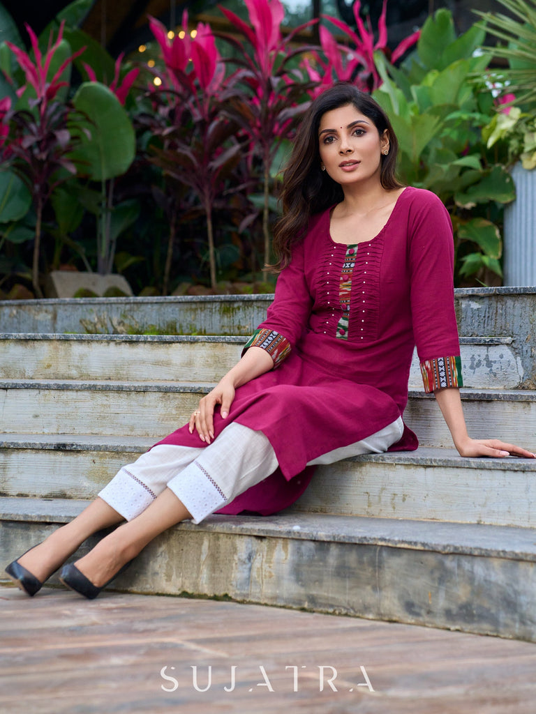Magenta cotton kurta with Ikkat blend and inverted tuck detailing - ikkat pant optional