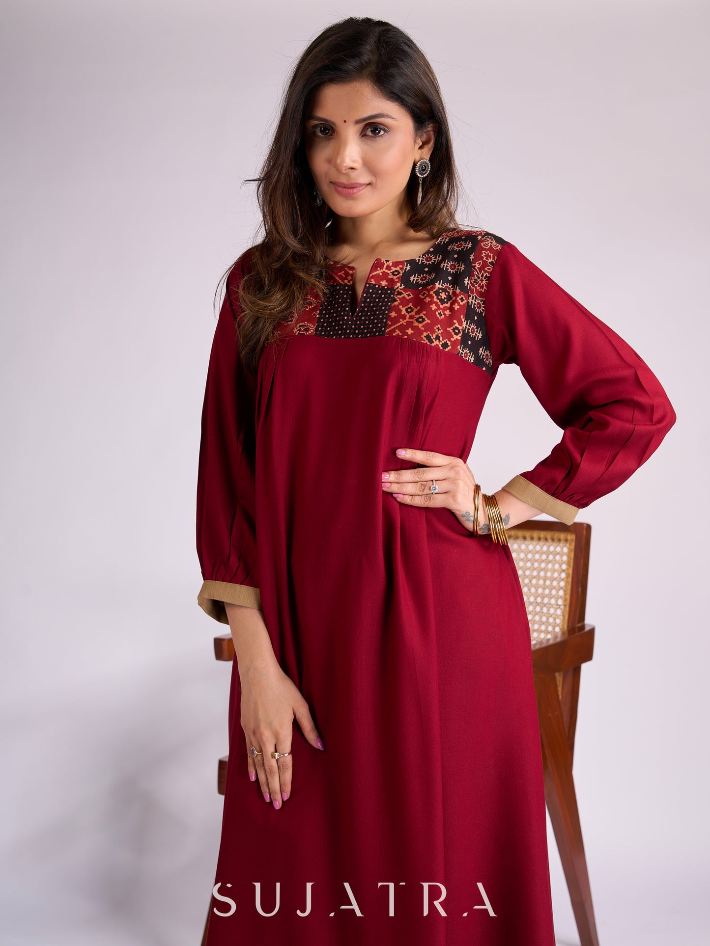 Maroon Rayon Kurta with Ajrakh Patchwork & Pleats Detailing