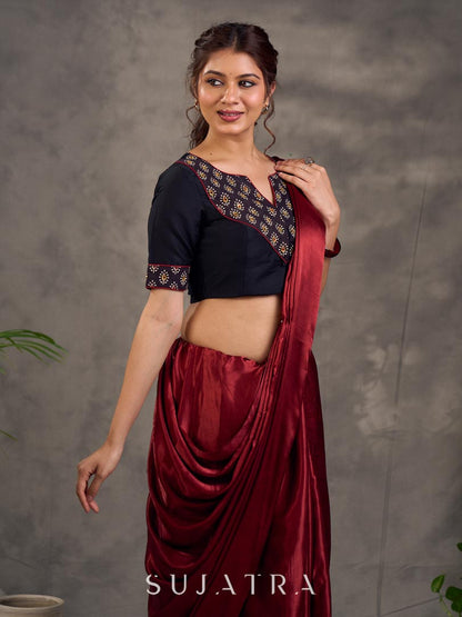 Striking Black Cotton Silk Blouse with Ajrakh Printed Embroidered Yoke & Red Piping Detail