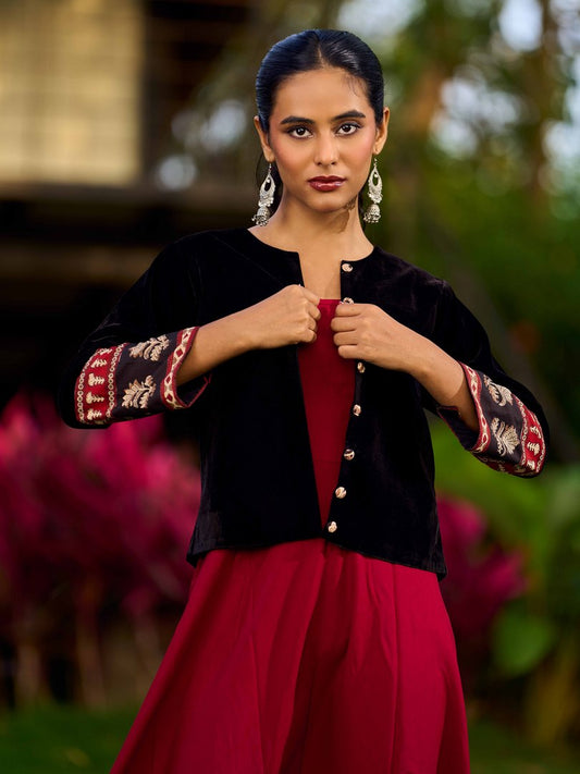 Black Velvet Jacket With Maroon Printed Border Detailing
