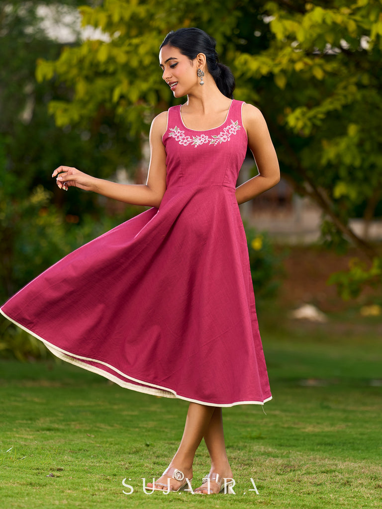 Magenta Cotton Flared Dress Adorned With Artistic Hand Painted Florals On The Neckline