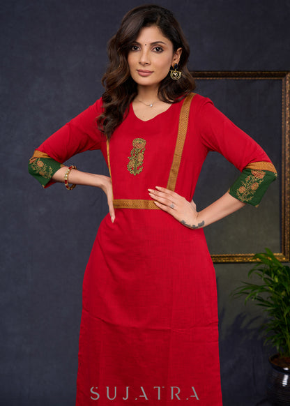 Dussehra Sale — Graceful-Red-Cotton-Straight-Cut-Kurta-With-Ajrakh-Combination-Highlighted-With-Floral-Ajrakh-Applique-On-The-Yoke--Pant-Optional