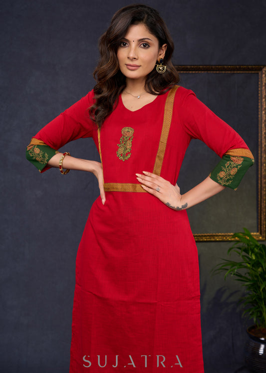 Dussehra Sale — Graceful-Red-Cotton-Straight-Cut-Kurta-With-Ajrakh-Combination-Highlighted-With-Floral-Ajrakh-Applique-On-The-Yoke--Pant-Optional