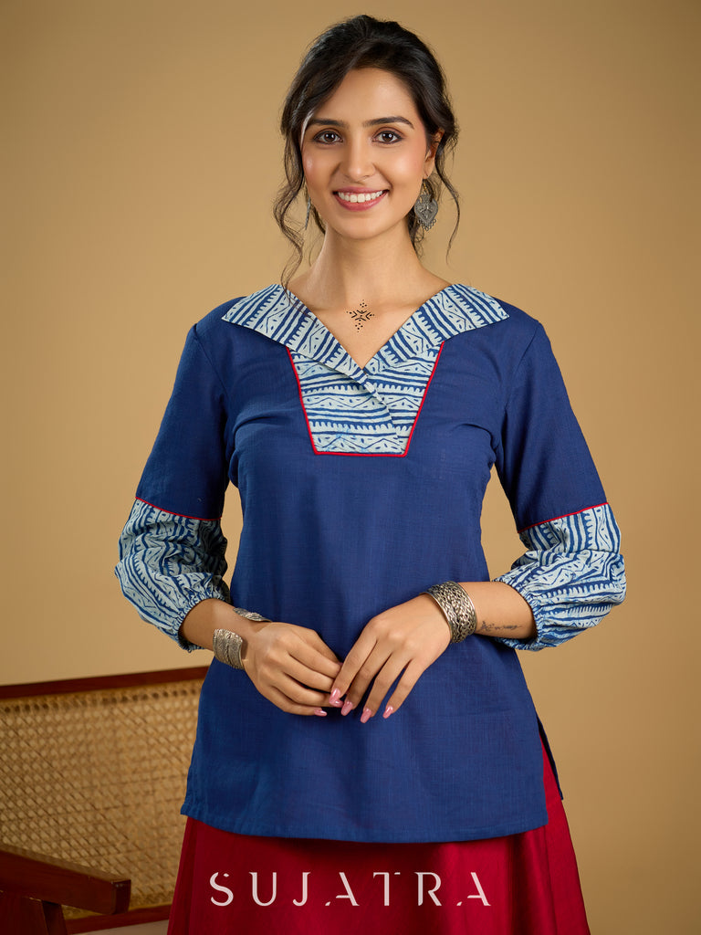 Classic indigo cotton top featuring smart and elegant collar design - skirt optional