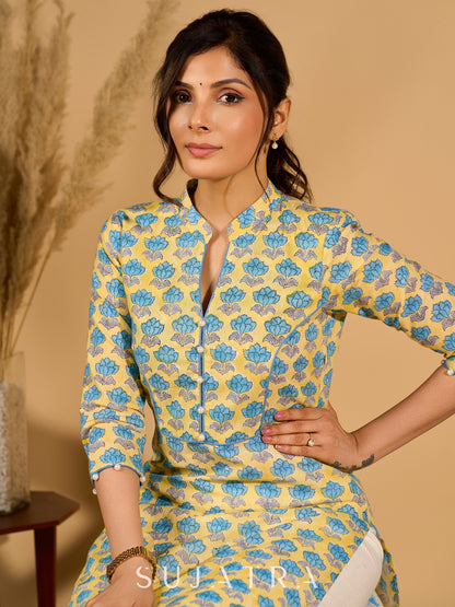 Lush Lemon Mul Cotton Kurta with Contrast Piping and Delicate Pearl Embellishments