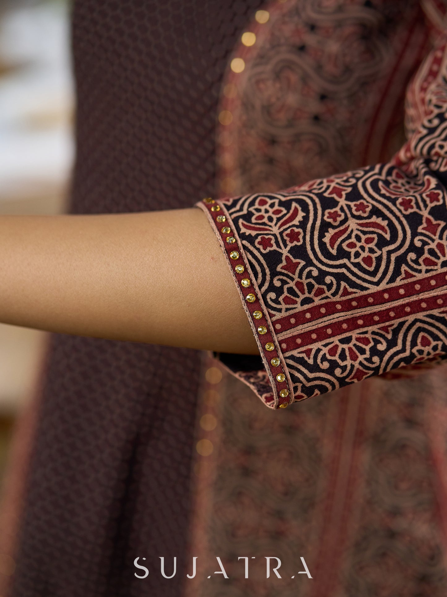 Sleek Black Ajrakh Panel Kurta with Fine Embellishments