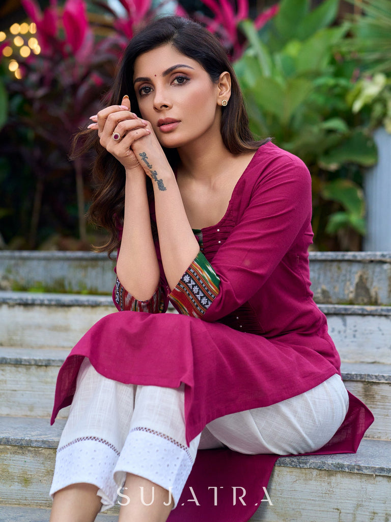 Magenta cotton kurta with Ikkat blend and inverted tuck detailing - ikkat pant optional