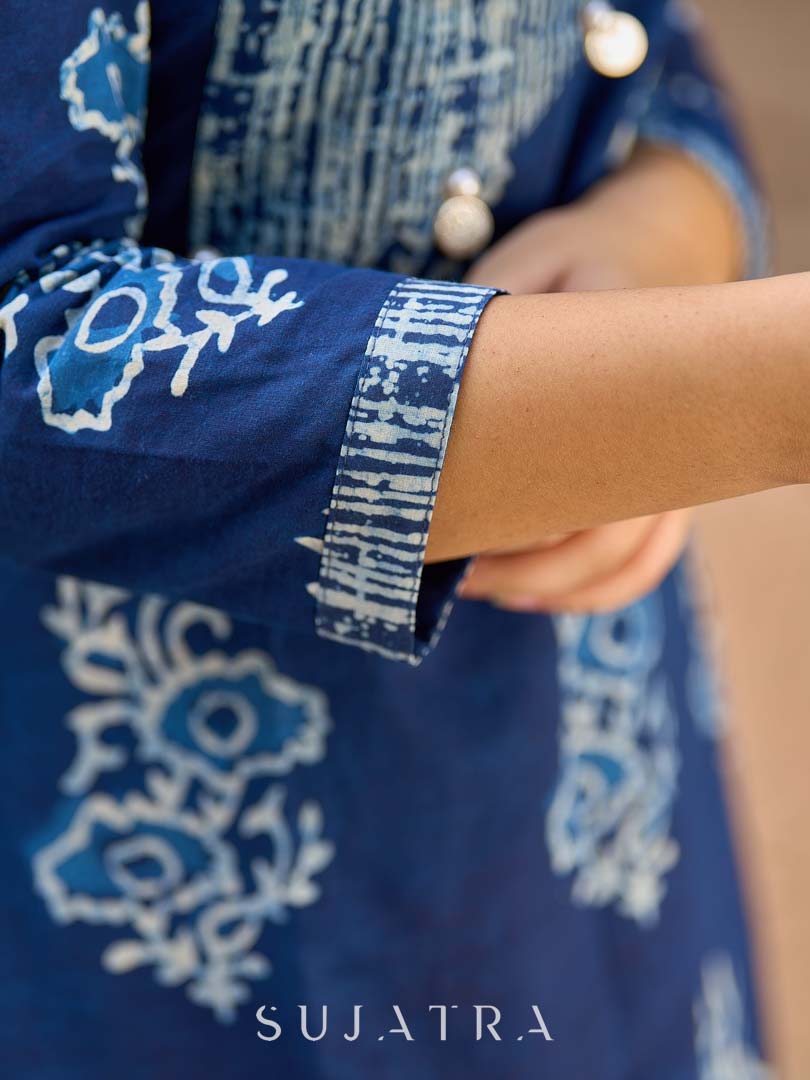 Indigo Bloom Print Kurta with Asymmetric Stripe Panel and Coin Embellishments