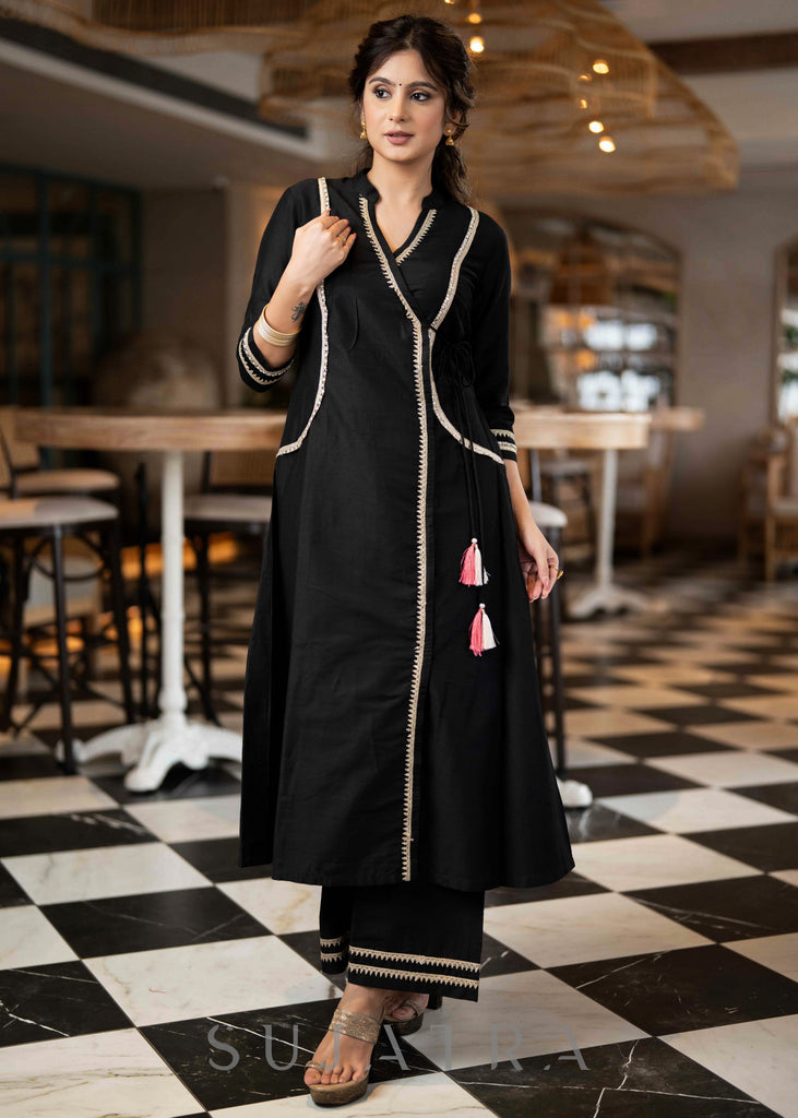 Exclusive Black Cotton Silk Kurta With All Over Lace Work & Side Dori  - Pant Optional