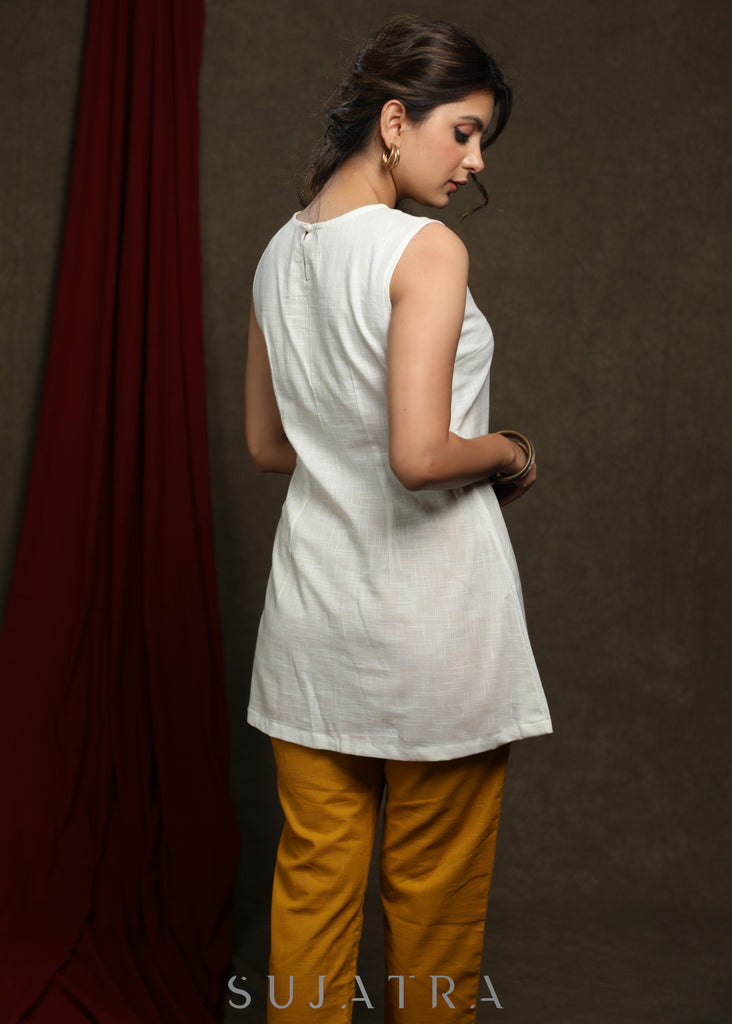 Trendy White Cotton embroiderd buttons tunic with indigo shrug - Pant Optinal