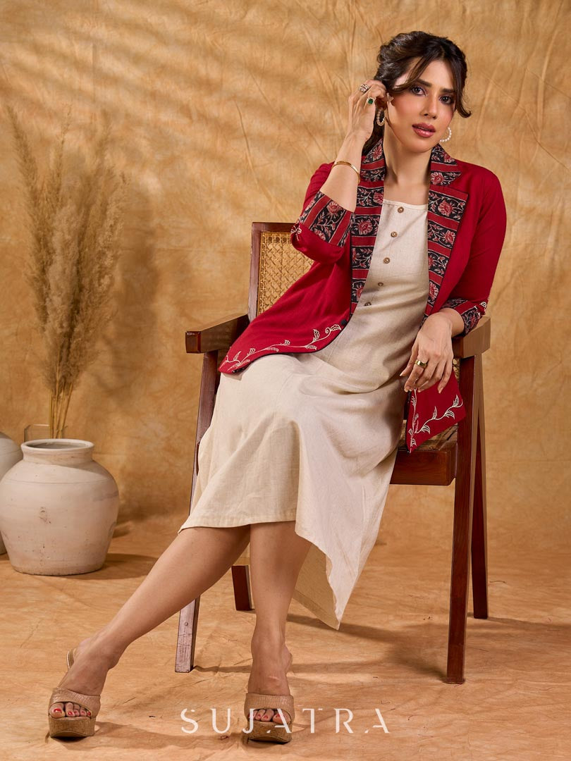 Maroon Cotton Cropped Blazer Jacket with Hand Painted Hem and Floral Printed Lapel & Cuffs