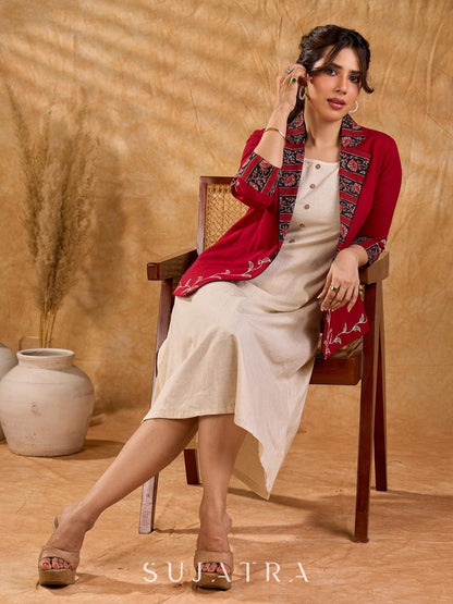 Maroon Cotton Cropped Blazer Jacket with Hand Painted Hem and Floral Printed Lapel & Cuffs