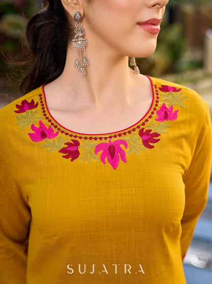 Classic Mustard Cotton Kurta with Delicate Kashida Embroidery & Contrast Pink Accents