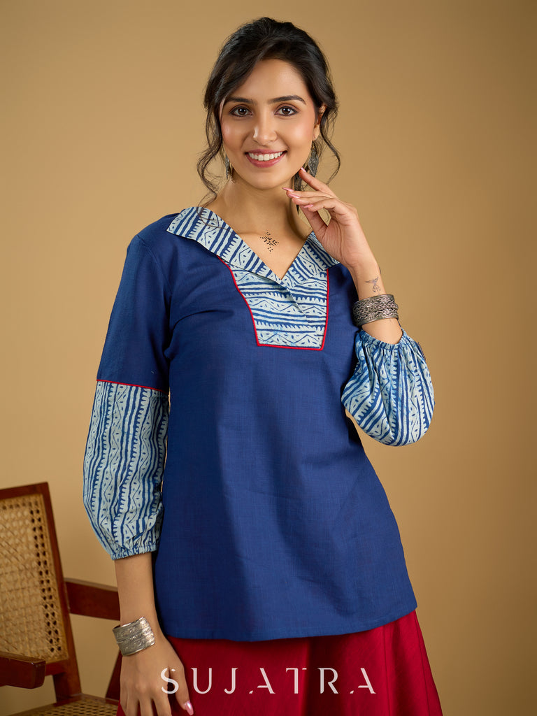 Classic indigo cotton top featuring smart and elegant collar design - skirt optional