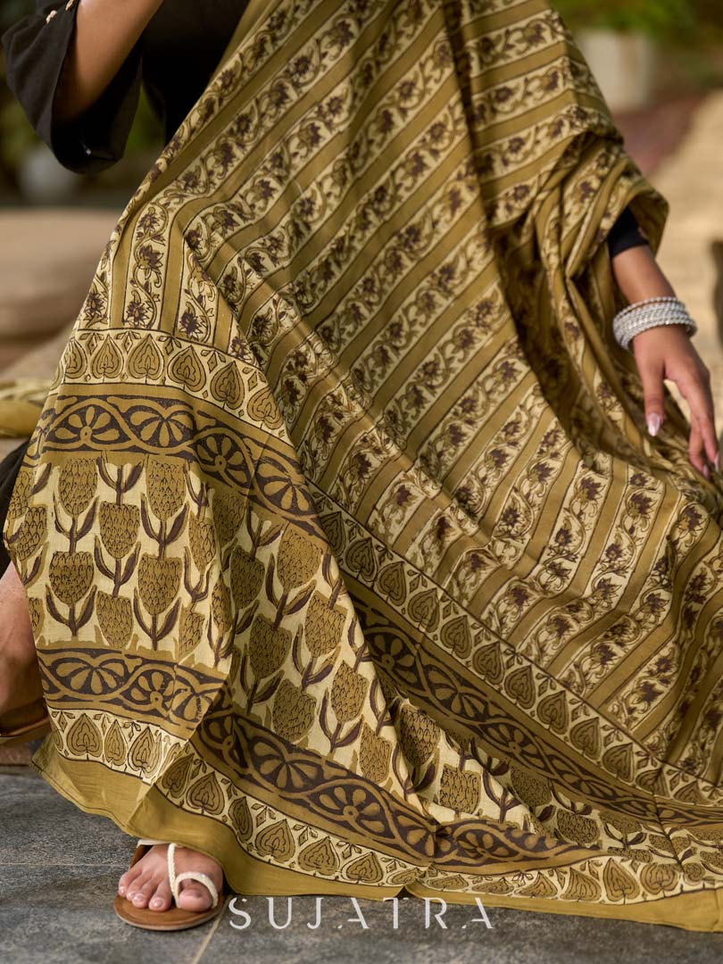 Earthy Olive Mul Cotton Dupatta with Traditional Prints