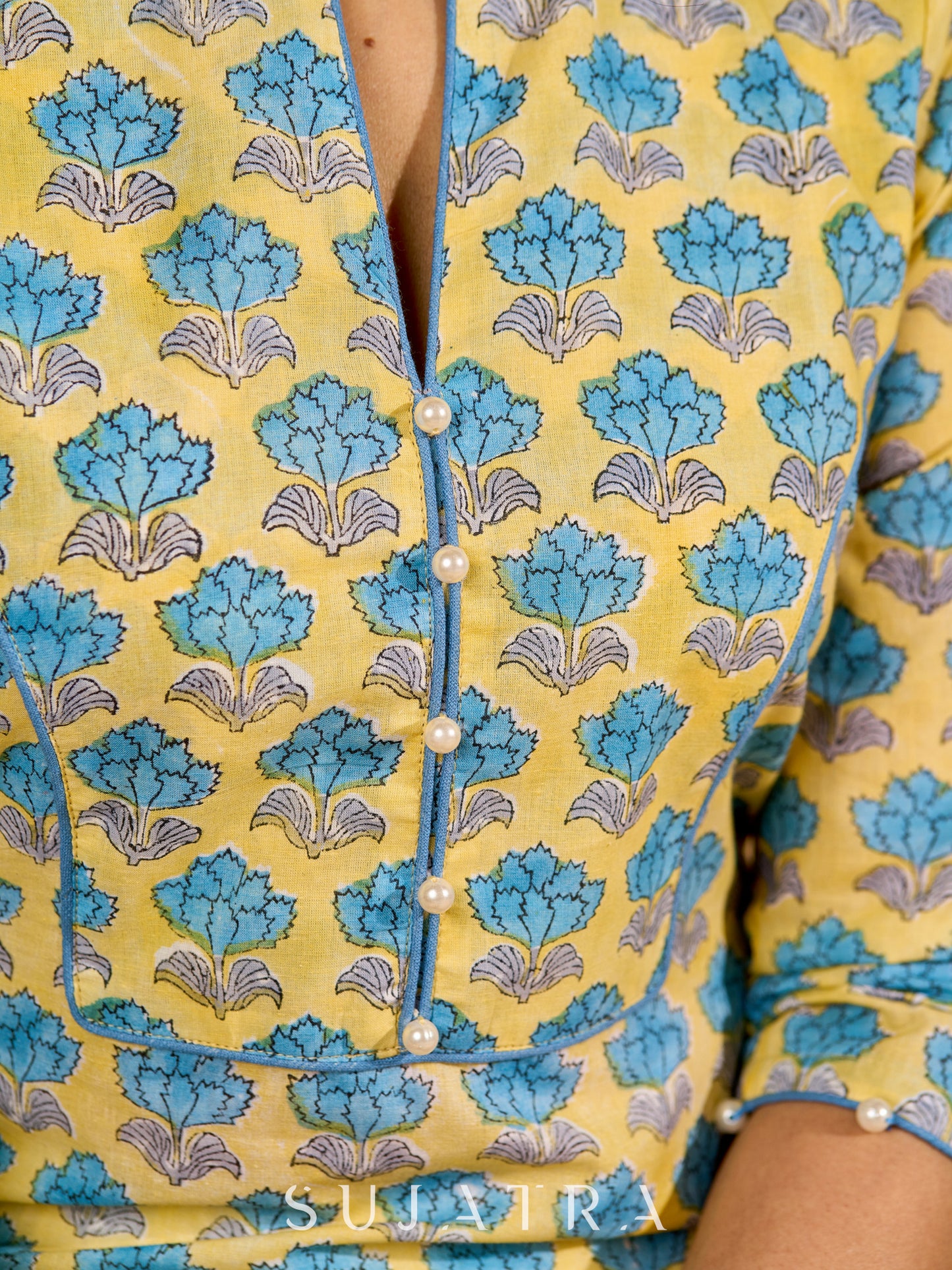 Lush Lemon Mul Cotton Kurta with Contrast Piping and Delicate Pearl Embellishments