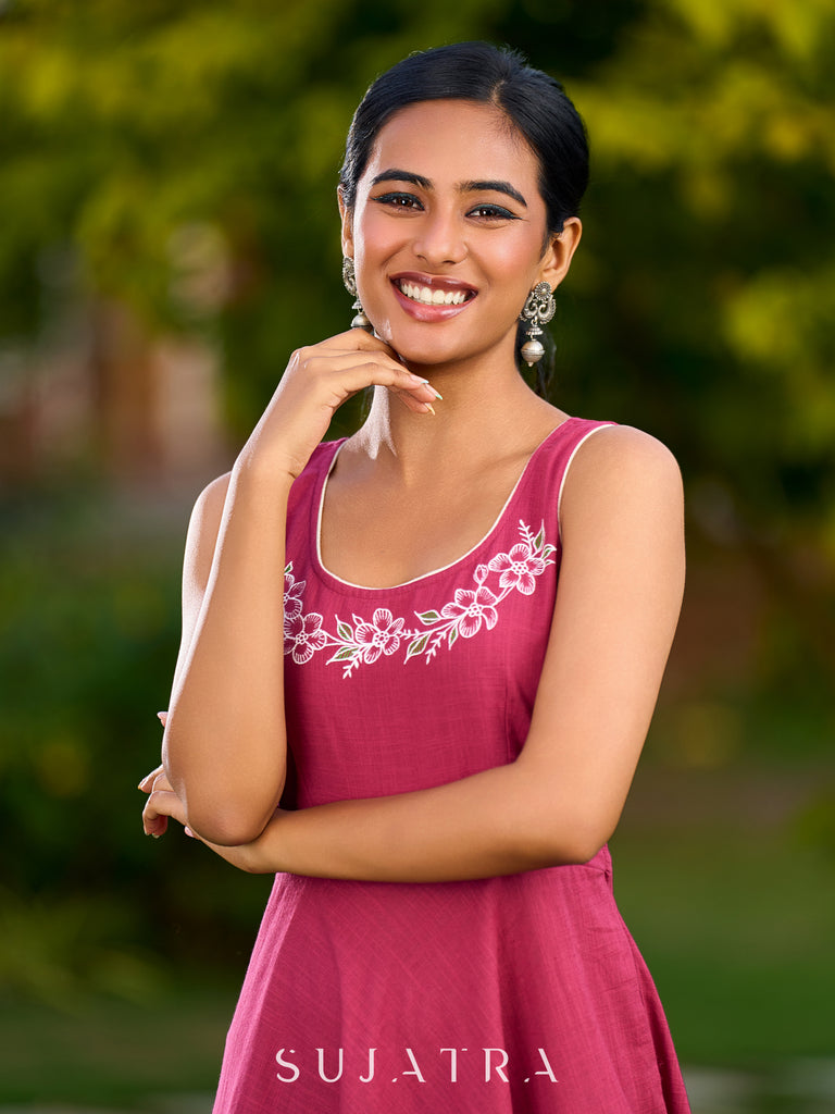 Magenta Cotton Flared Dress Adorned With Artistic Hand Painted Florals On The Neckline