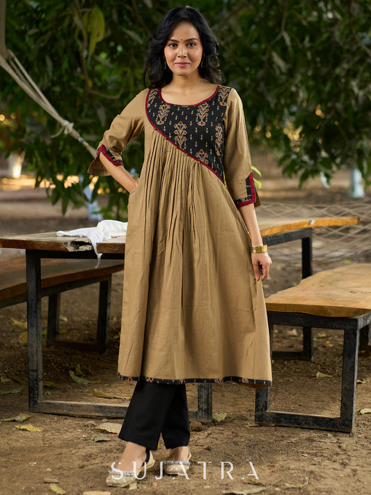 Timeless Beige Cotton Kurta Featuring Ajrakh Asymmetrical Yoke