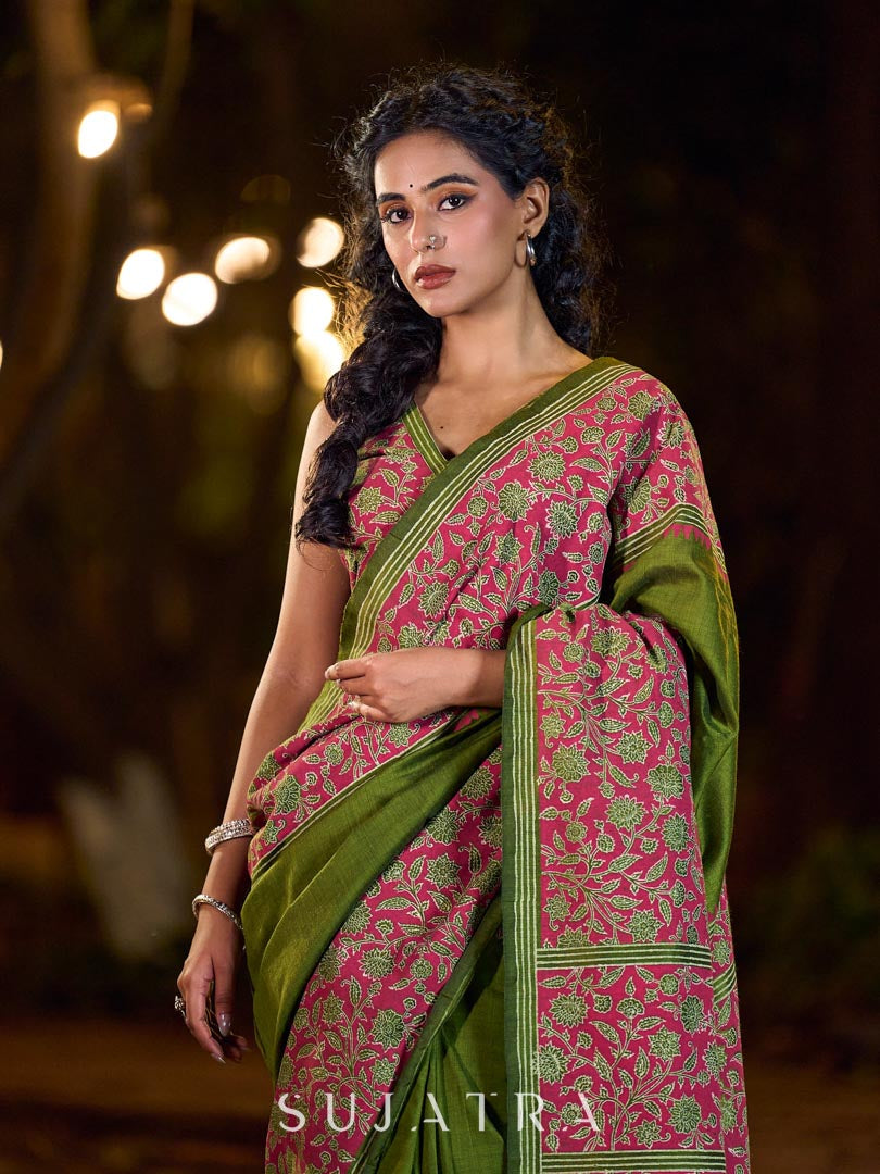 Mehendi Green-Pink Mughal Floral Hand Block Print Cotton Saree