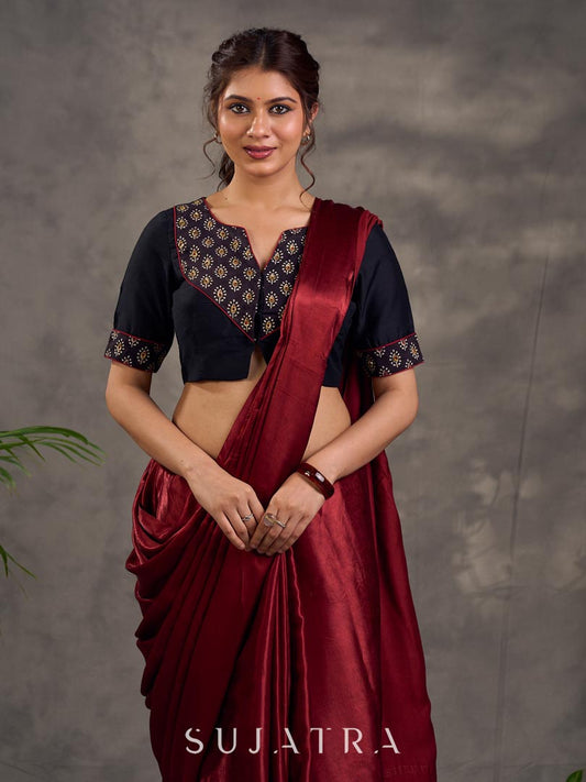 Striking Black Cotton Silk Blouse with Ajrakh Printed Embroidered Yoke & Red Piping Detail