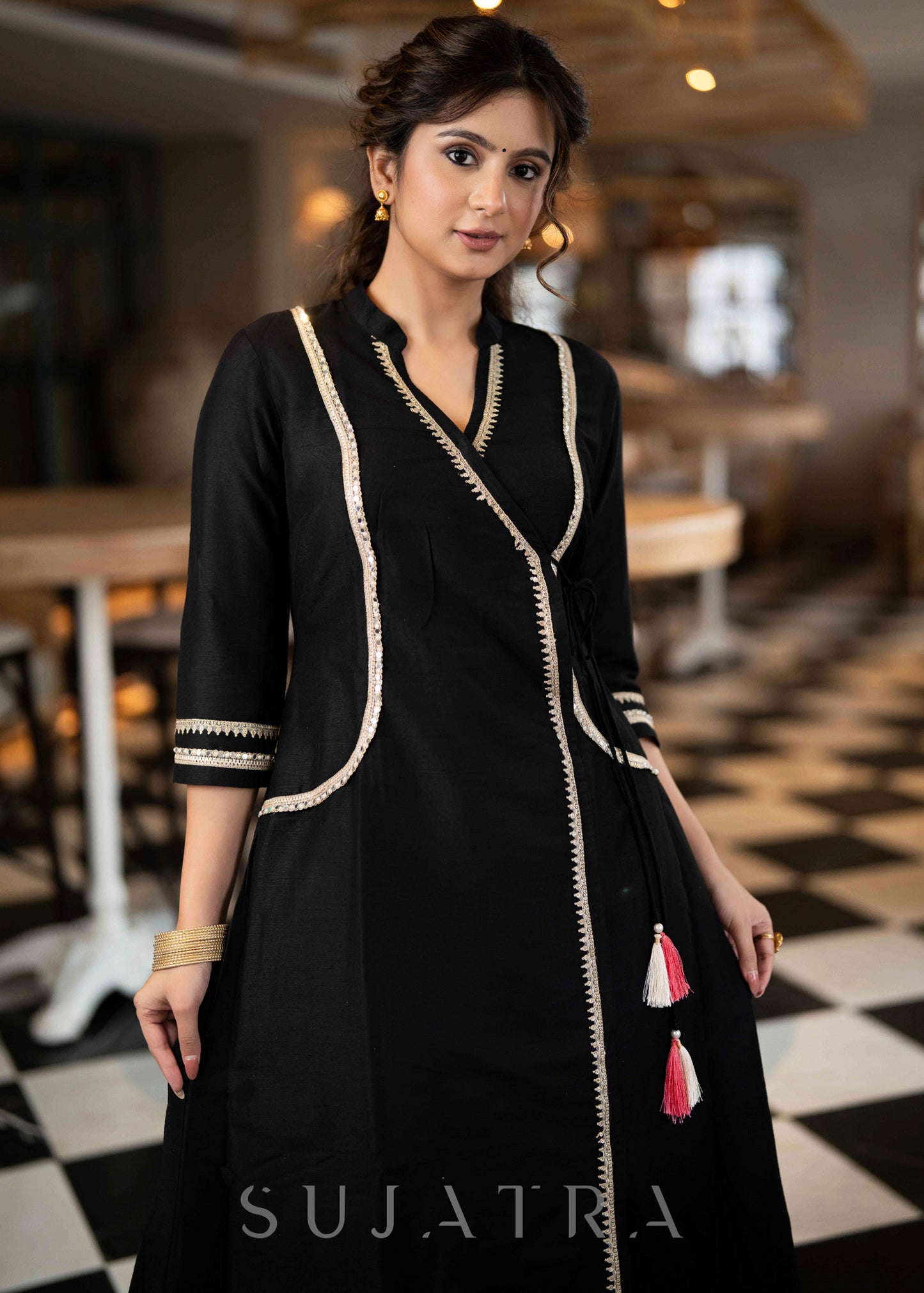 Exclusive Black Cotton Silk Kurta With All Over Lace Work & Side Dori  - Pant Optional