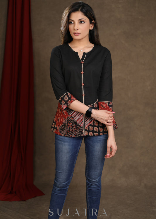 Classy Black Ajrakh Patchwork Cotton Top