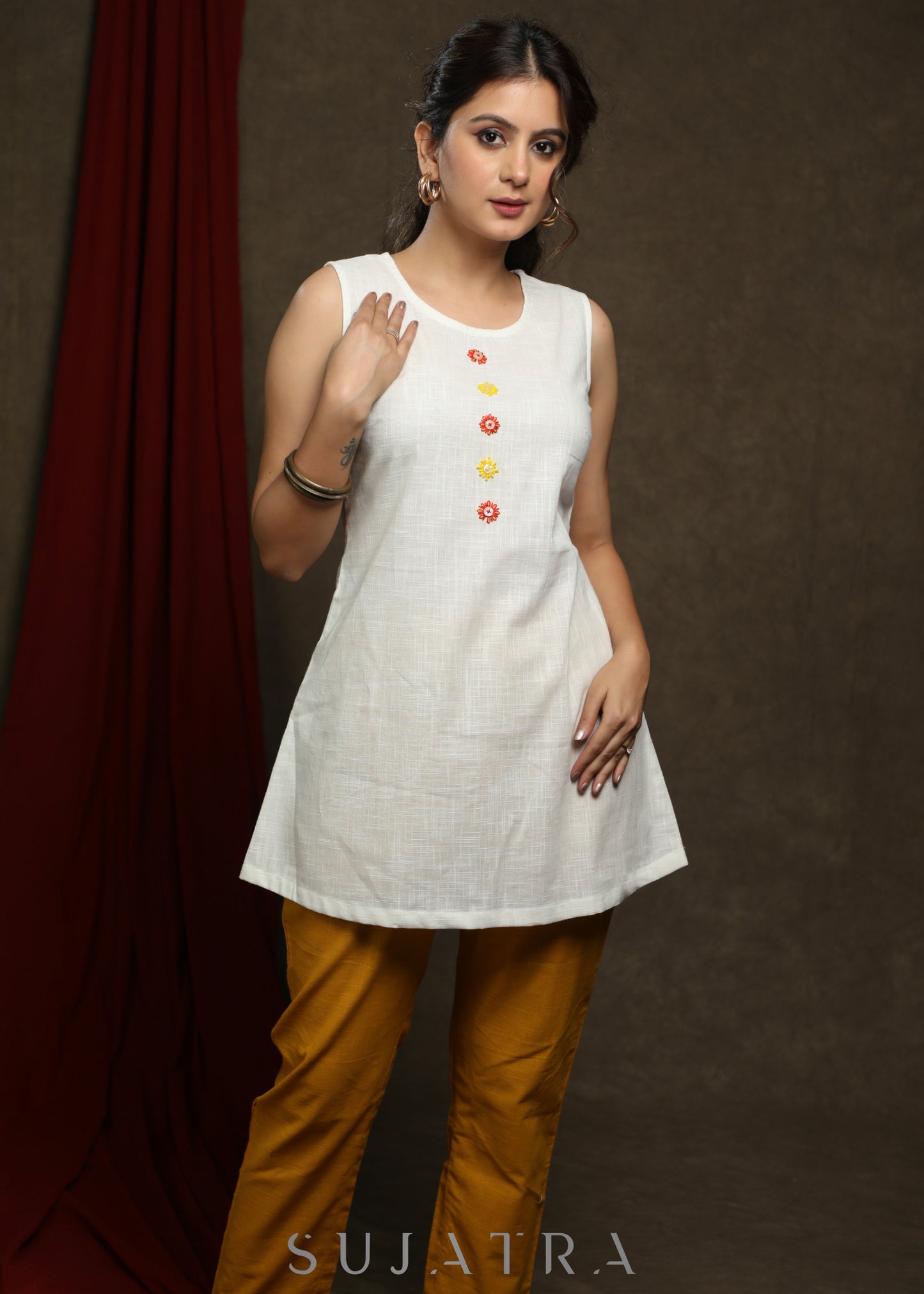 Trendy White Cotton embroidered buttons tunic with indigo shrug - Pant Optional