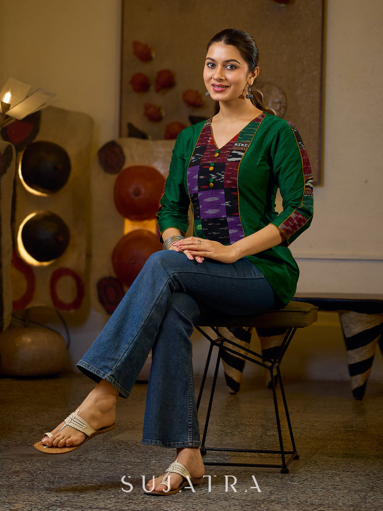 Graceful Green Cotton Silk Top with Ikat Patchwork and V Neck Detail