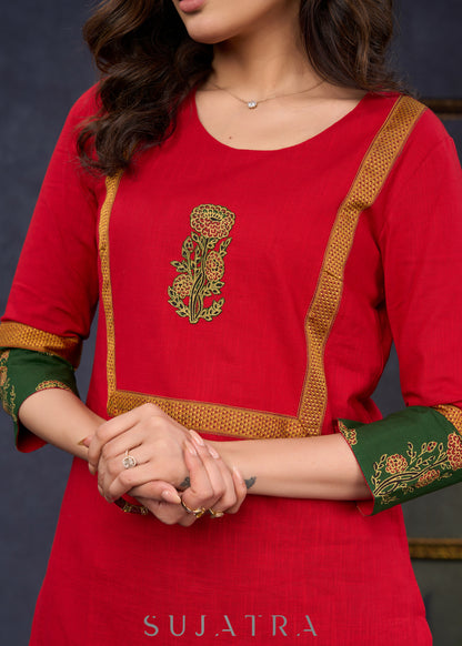 Dussehra Sale — Graceful-Red-Cotton-Straight-Cut-Kurta-With-Ajrakh-Combination-Highlighted-With-Floral-Ajrakh-Applique-On-The-Yoke--Pant-Optional
