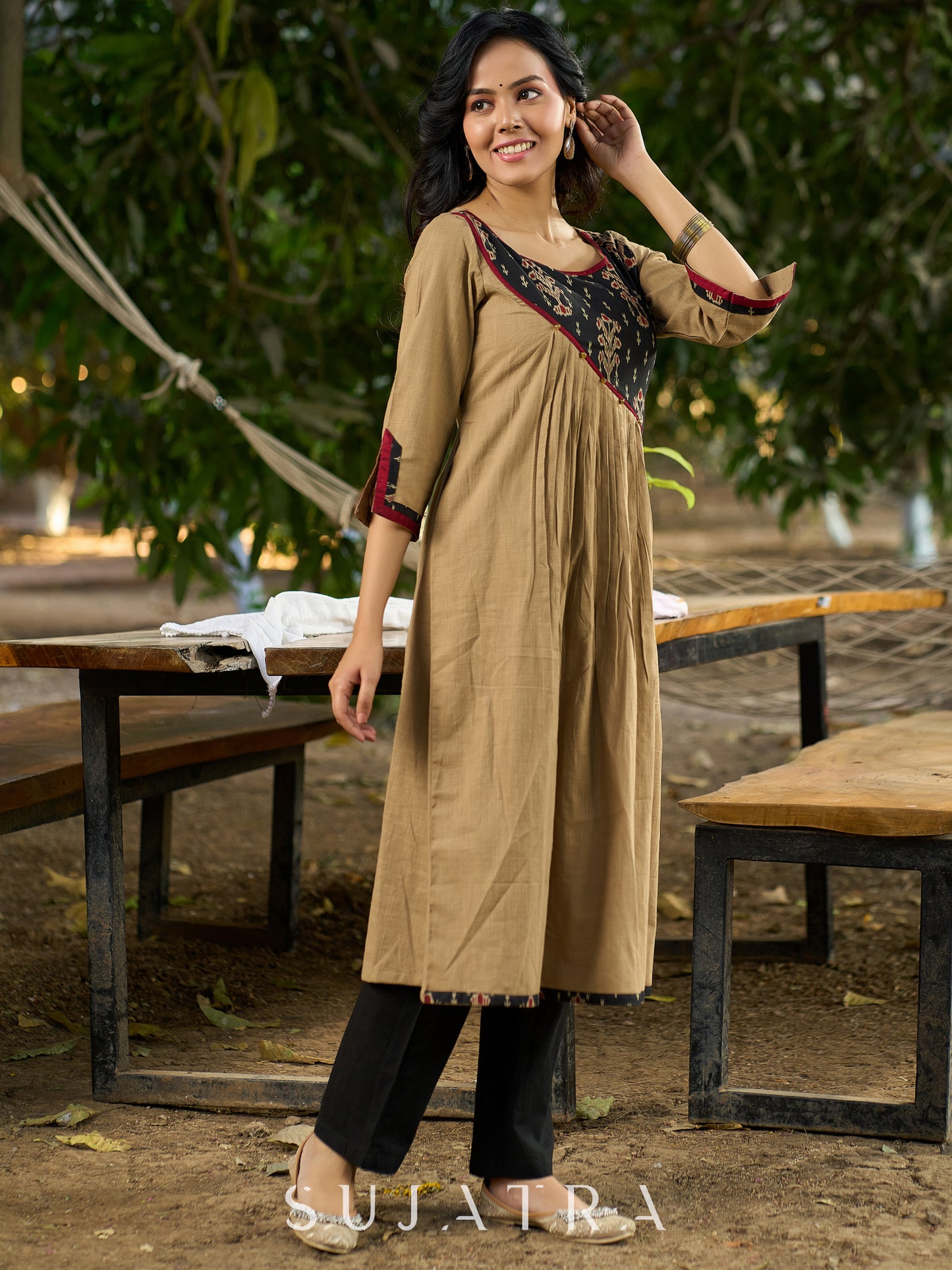 Timeless Beige Cotton Kurta Featuring Ajrakh Asymmetrical Yoke
