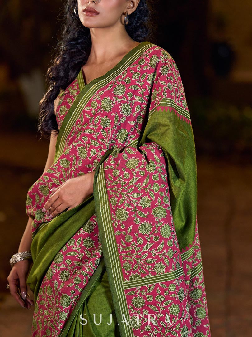 Mehendi Green-Pink Mughal Floral Hand Block Print Cotton Saree