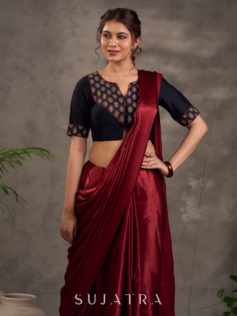 Deep Maroon Modal Silk Saree with Golden Zari Pallu