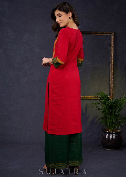 Dussehra Sale — Graceful-Red-Cotton-Straight-Cut-Kurta-With-Ajrakh-Combination-Highlighted-With-Floral-Ajrakh-Applique-On-The-Yoke--Pant-Optional