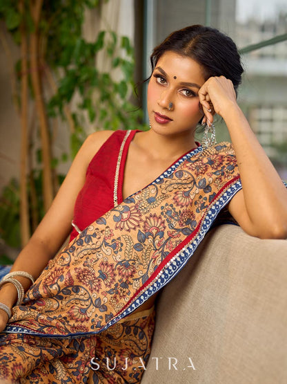 Elegant Mustard Kalamkari Print Chanderi Saree with Navy Blue Indigo Border