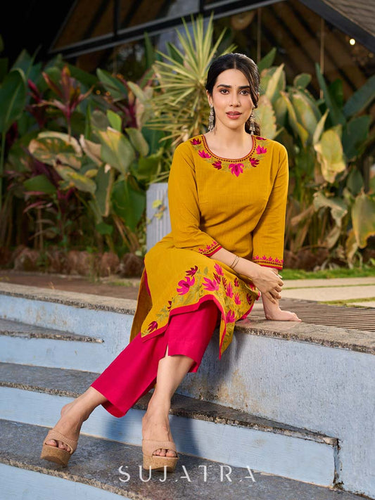 Classic Mustard Cotton Kurta with Delicate Kashida Embroidery & Contrast Pink Accents
