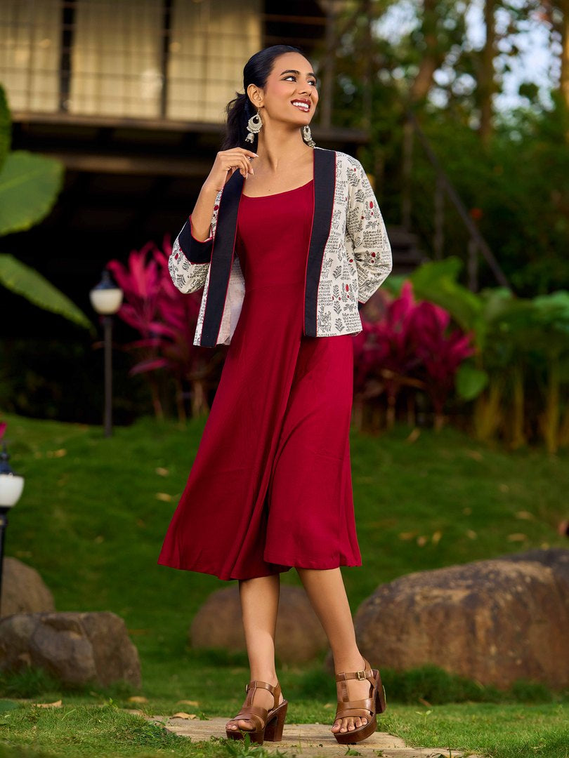 White Cotton Printed Jacket with Script Motifs and Black Trim Accents - Dress Optional