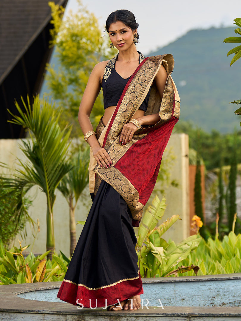 Handcrafted Pure Tussar Silk Saree with Khun Weave & Traditional Banarasi Border