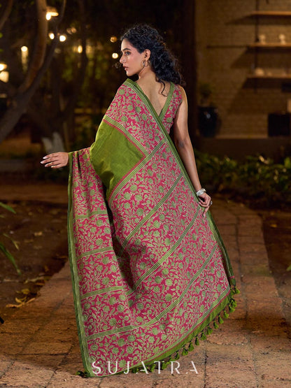 Mehendi Green-Pink Mughal Floral Hand Block Print Cotton Saree