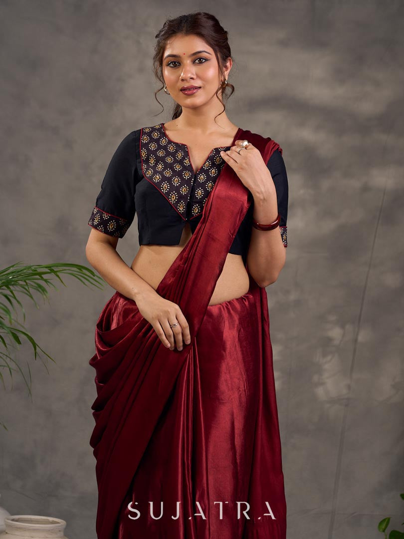 Striking Black Cotton Silk Blouse with Ajrakh Printed Embroidered Yoke & Red Piping Detail