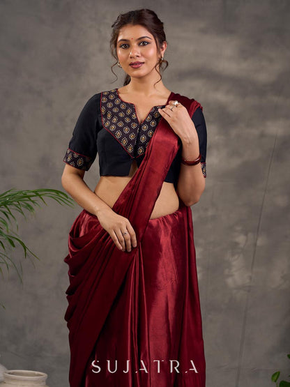 Striking Black Cotton Silk Blouse with Ajrakh Printed Embroidered Yoke & Red Piping Detail