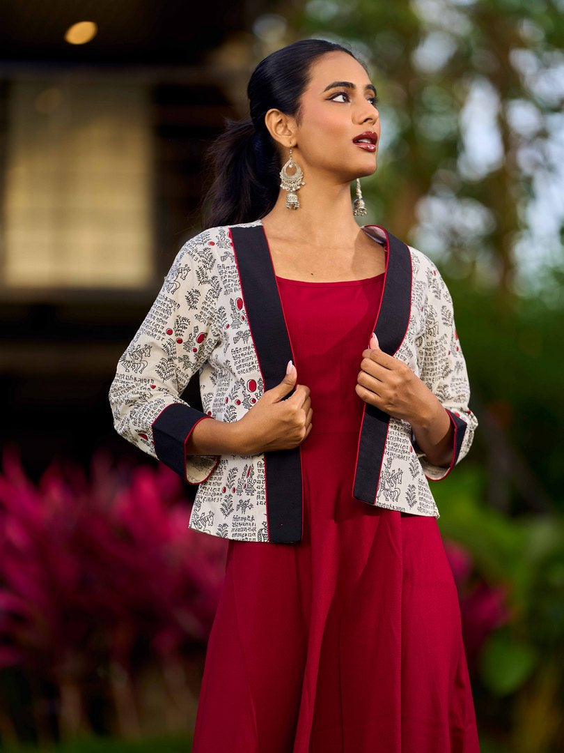 White Cotton Printed Jacket with Script Motifs and Black Trim Accents - Dress Optional