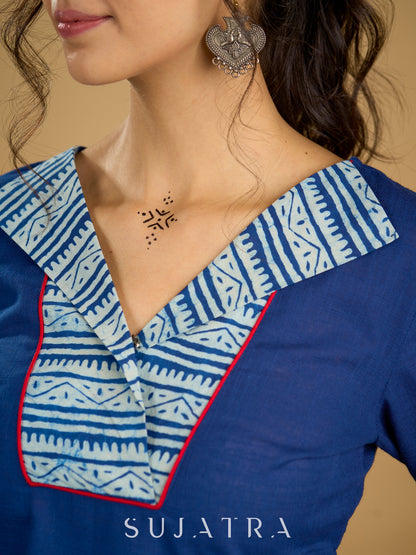 Classic indigo cotton top featuring smart and elegant collar design - skirt optional