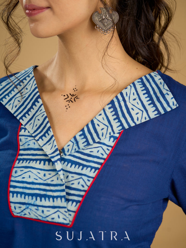 Classic indigo cotton top featuring smart and elegant collar design - skirt optional