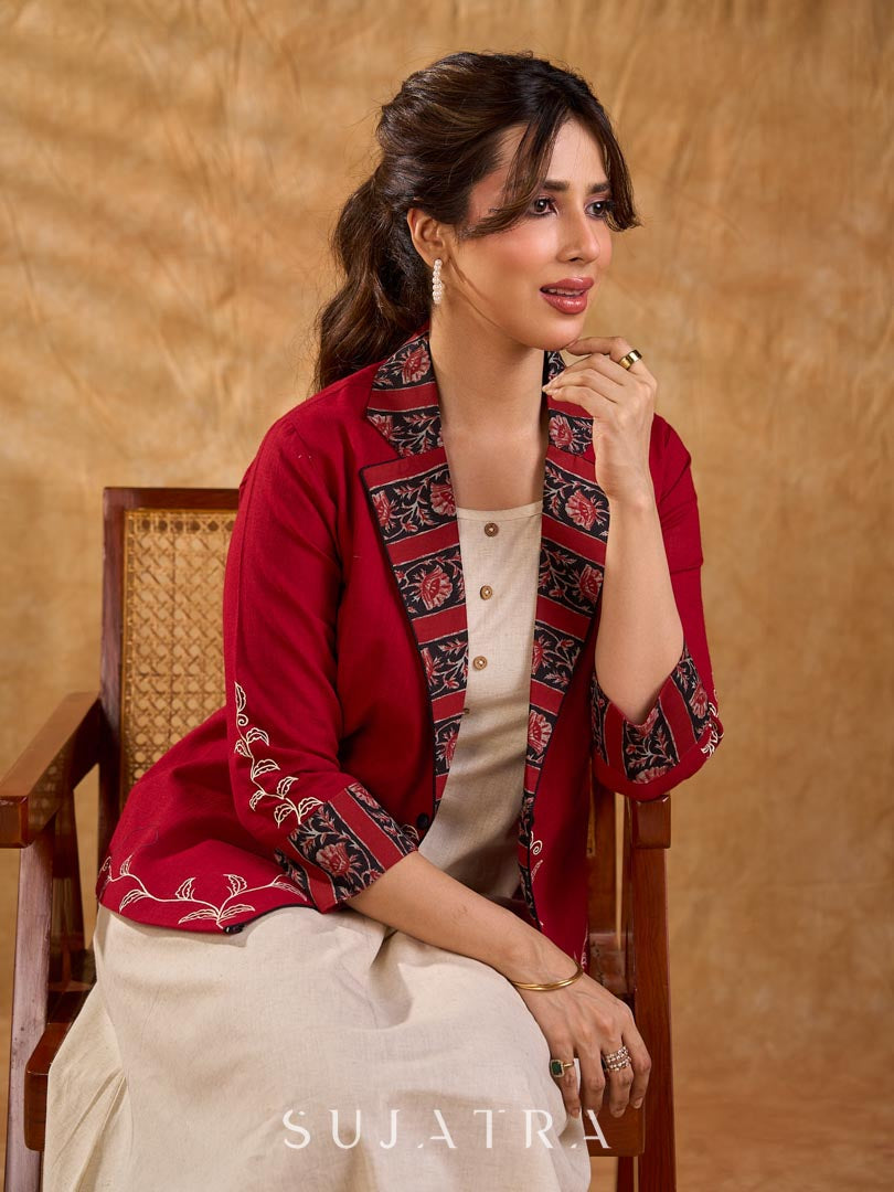 Maroon Cotton Cropped Blazer Jacket with Hand Painted Hem and Floral Printed Lapel & Cuffs